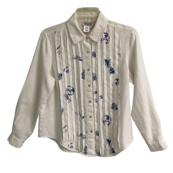 Chico’s 100% linen pleated white blue floral button up blouse women’s PS - Picture 1 of 5